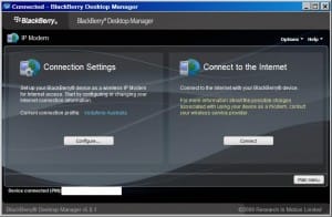 Blackberry Desktop Manager with IP Modem window