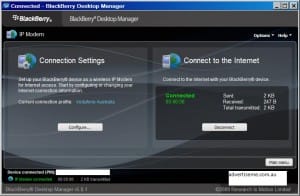 Blackberry Desktop Manager IP Modem connected