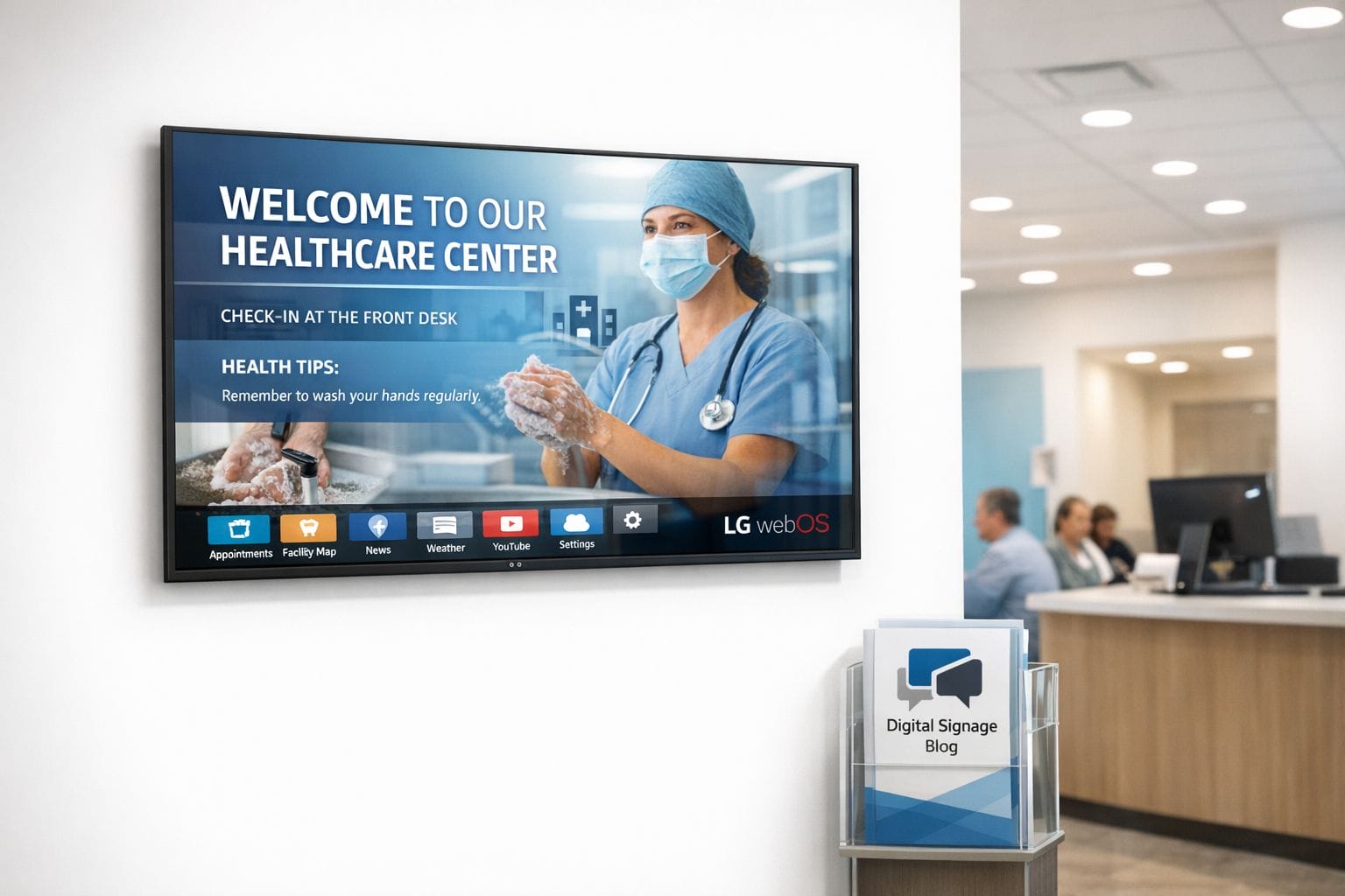 A photorealistic image of a finished digital signage installation in a bright healthcare reception area, with a perfectly aligned LG webOS display mounted on a clean white wall, visitors seated in the background, subtle blue branding elements, professional architectural lighting, realistic reflections on the screen, and the Digital Signage Blog logo shown discreetly on a brochure stand near reception.