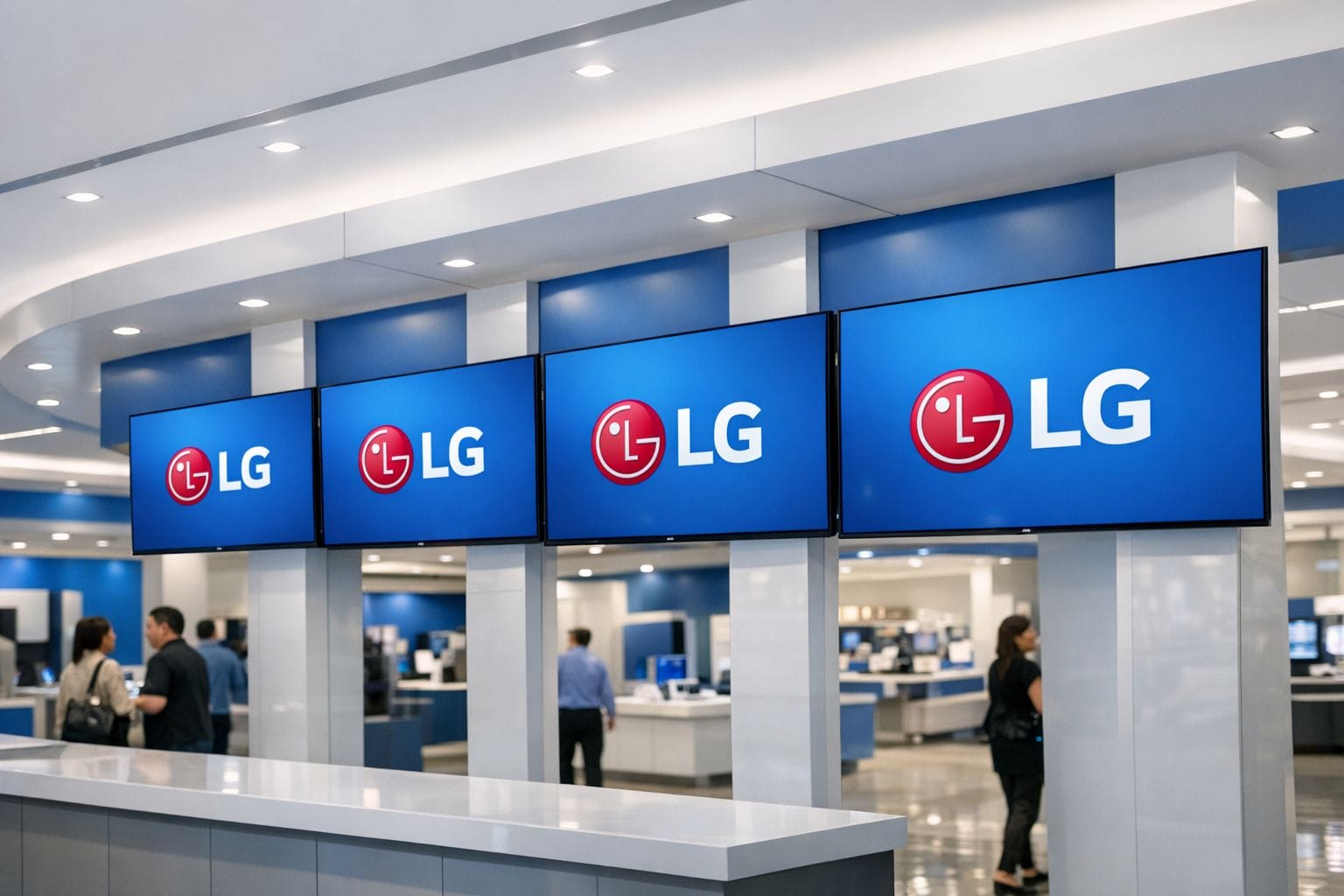 A photorealistic wide shot of a modern retail environment with multiple perfectly aligned LG digital signage screens, clean architectural lines, blue and white corporate styling, customers in the background, realistic lighting, and a polished professional finish that emphasises precise installation quality. Make the photo realistic and not AI Generated
