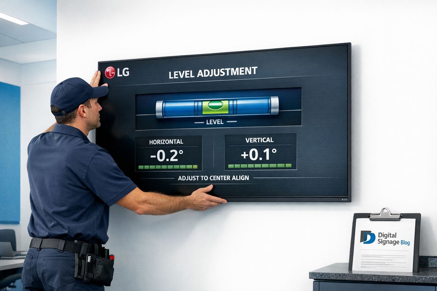 A photorealistic image of a professional installer adjusting a large LG commercial digital signage display on a modern office wall, using careful hand positioning while the screen shows a built in leveling interface, clean corporate interior, white walls, subtle blue accents inspired by a technology brand palette, realistic lighting, sharp detail, and the Digital Signage Blog logo displayed discreetly on a nearby clipboard or installation document.